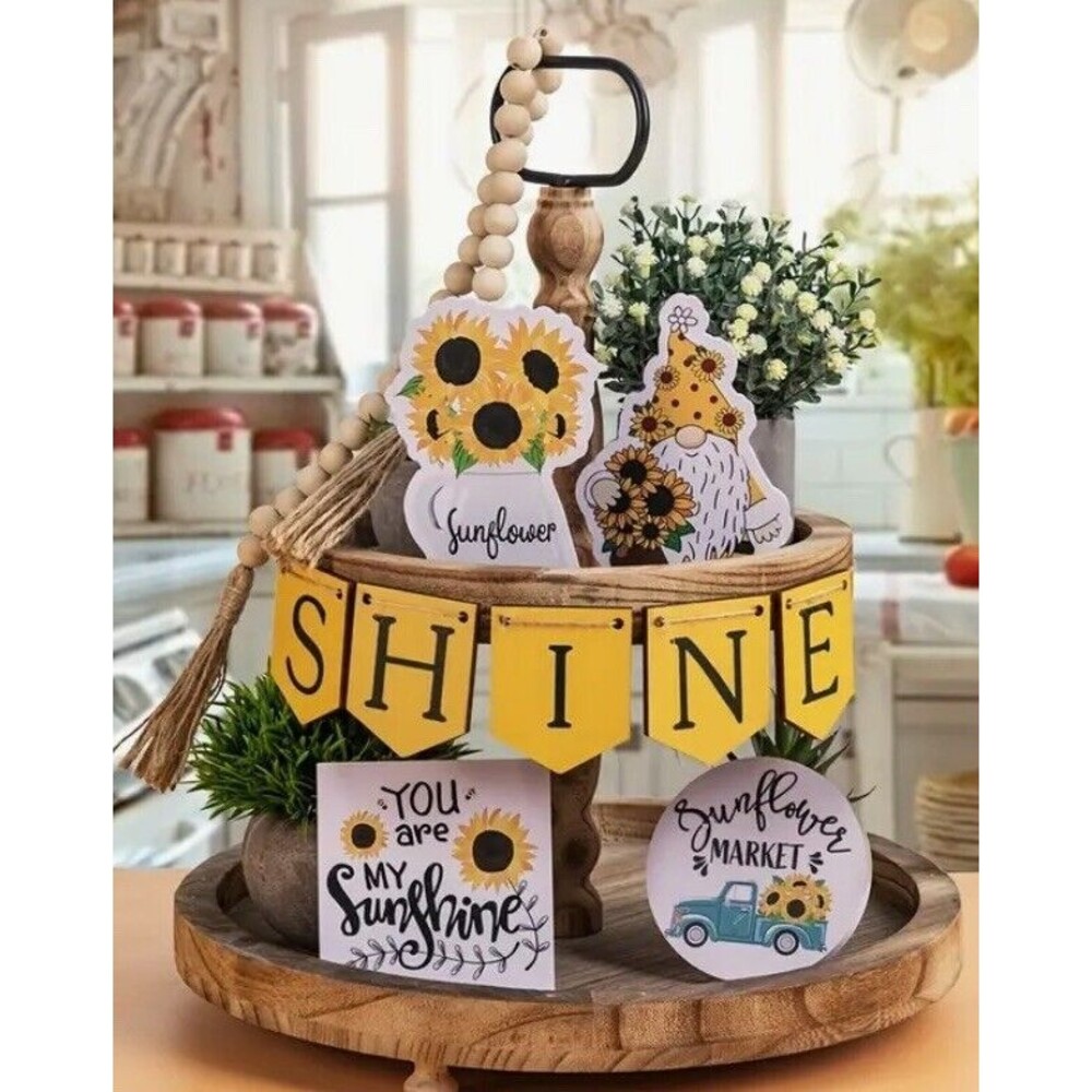 Summer Tiered Tray Decor ~ Beaded Garland Kitchen Decor Tiered Tray ~ Sunflowers